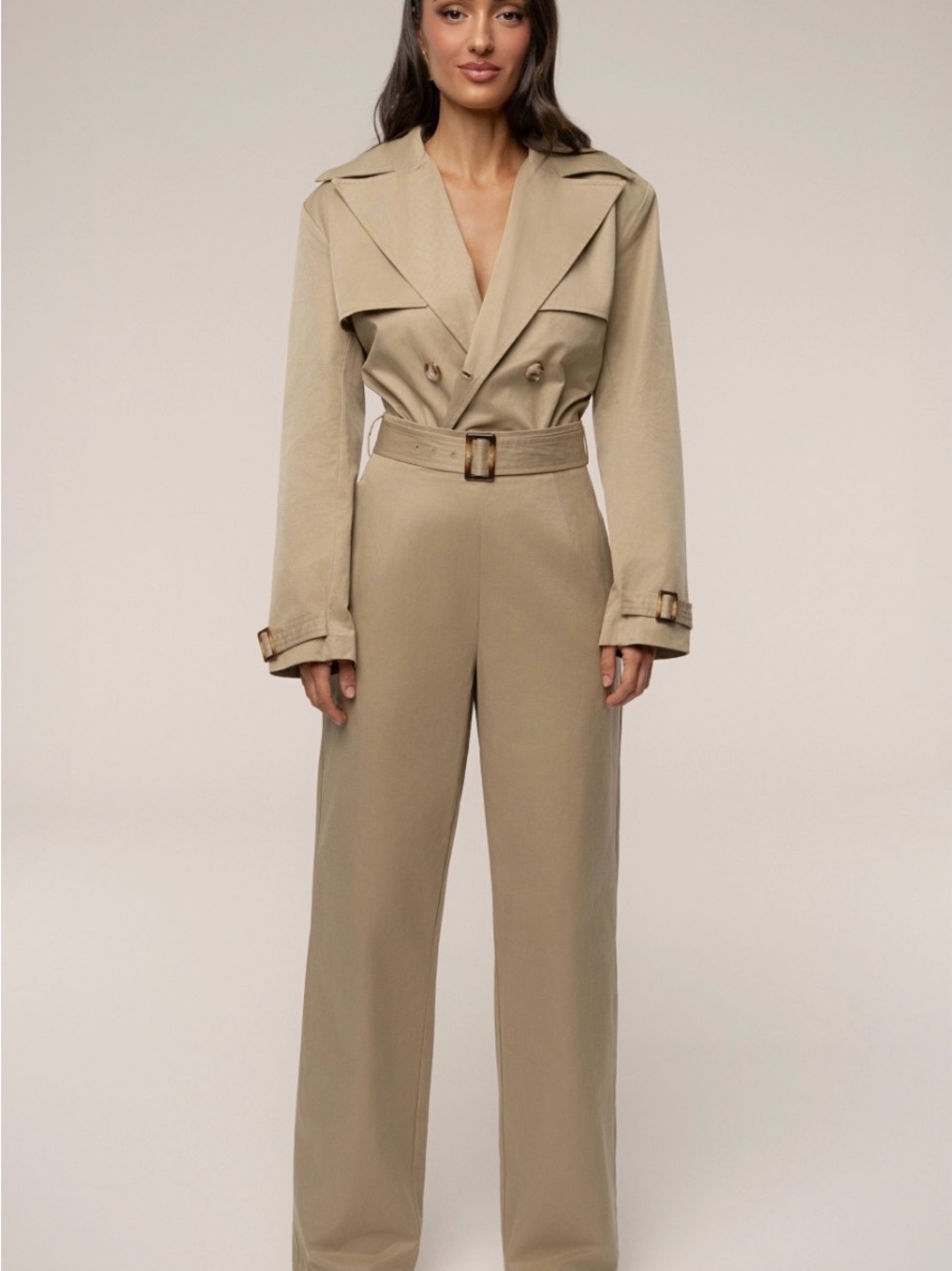 JLUXLABEL Beige Trench-Style Belted Jumpsuit